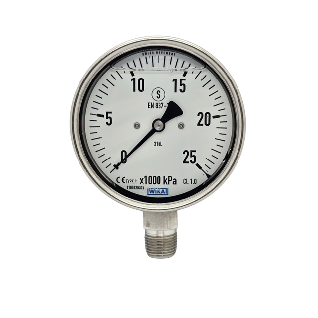 WIKA Bourden Tube Pressure Gauge - Stainless Steel - 100mm Dial - Bottom Entry