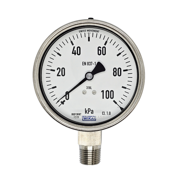 WIKA Bourden Tube Pressure Gauge - Stainless Steel - 100mm Dial - Bottom Entry
